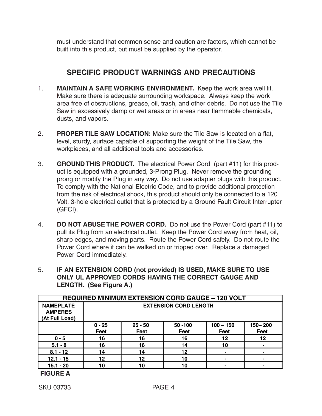 Harbor Freight Tools 03733 operating instructions Specific Product Warnings and Precautions, Sku 