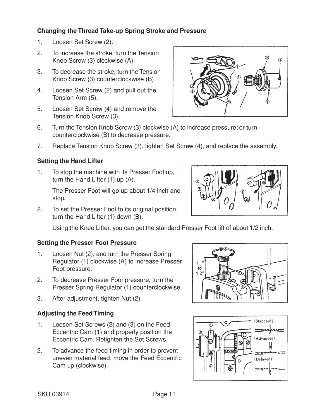 Harbor Freight Tools 03914 manual Changing the Thread Take-up Spring Stroke and Pressure, Setting the Hand Lifter 