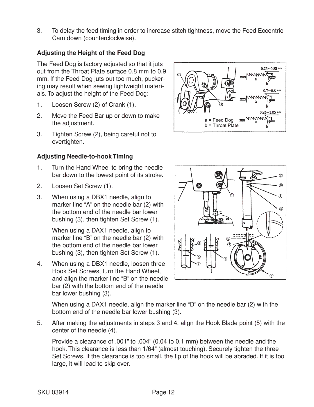 Harbor Freight Tools 03914 manual Adjusting the Height of the Feed Dog, Adjusting Needle-to-hook Timing 