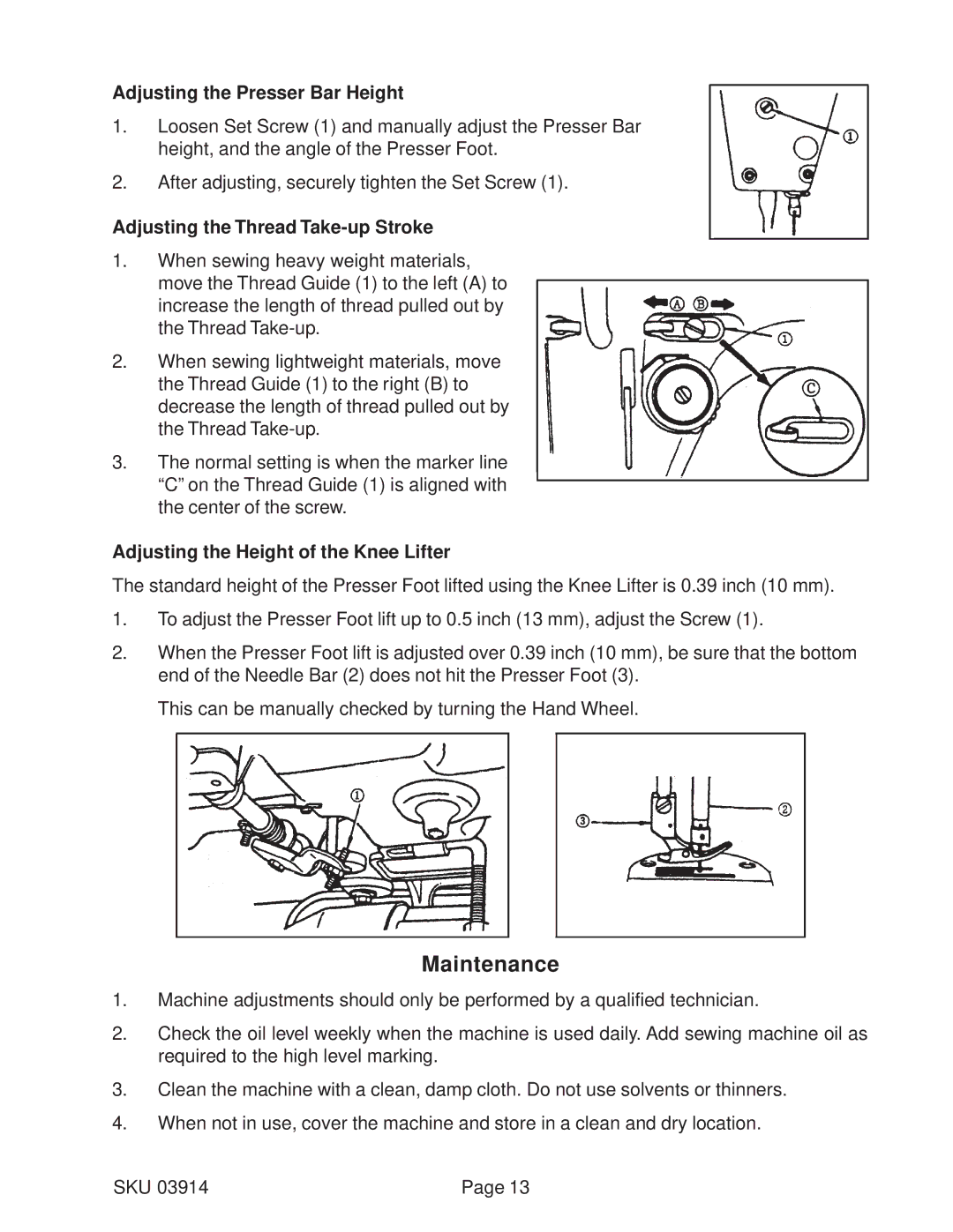 Harbor Freight Tools 03914 manual Maintenance, Adjusting the Presser Bar Height, Adjusting the Thread Take-up Stroke 