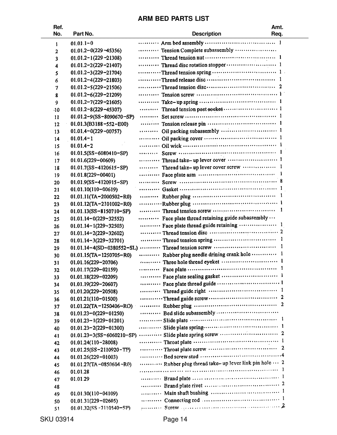 Harbor Freight Tools 03914 manual ARM BED Parts List 