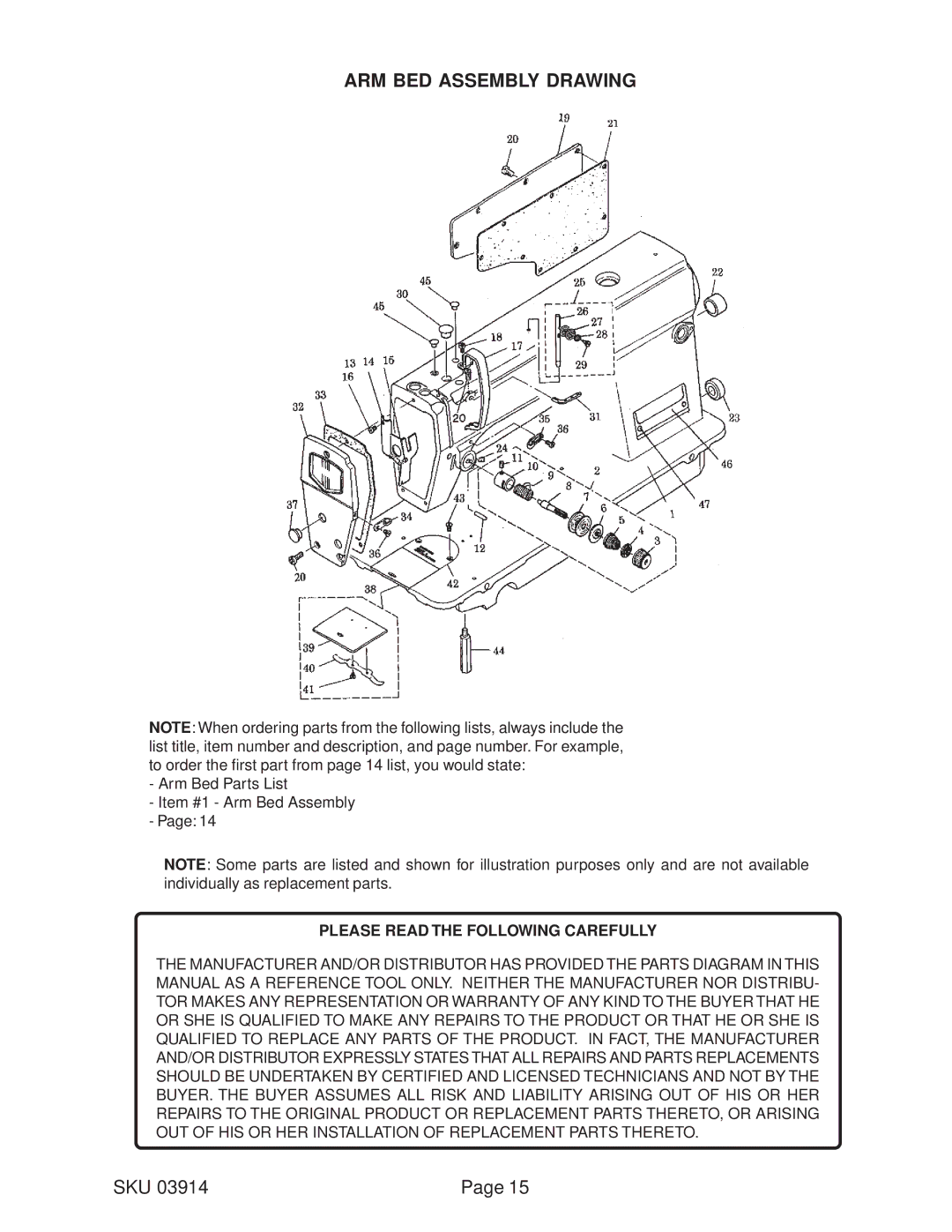 Harbor Freight Tools 03914 manual ARM BED Assembly Drawing 