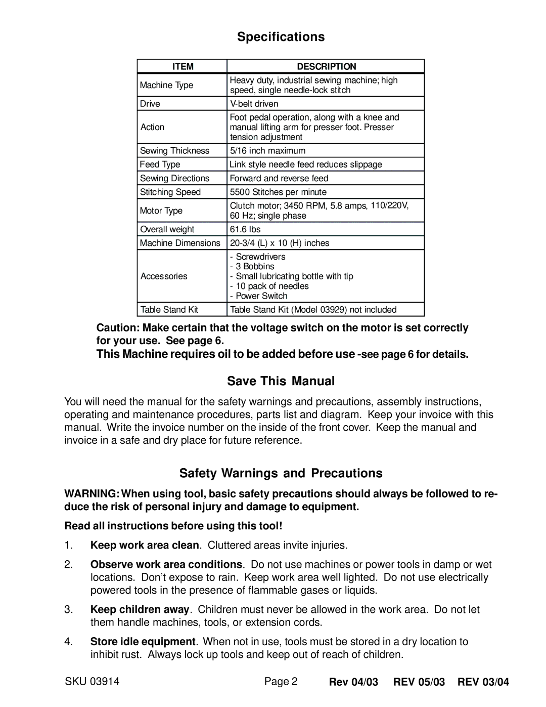 Harbor Freight Tools 03914 manual Specifications, Save This Manual, Safety Warnings and Precautions 