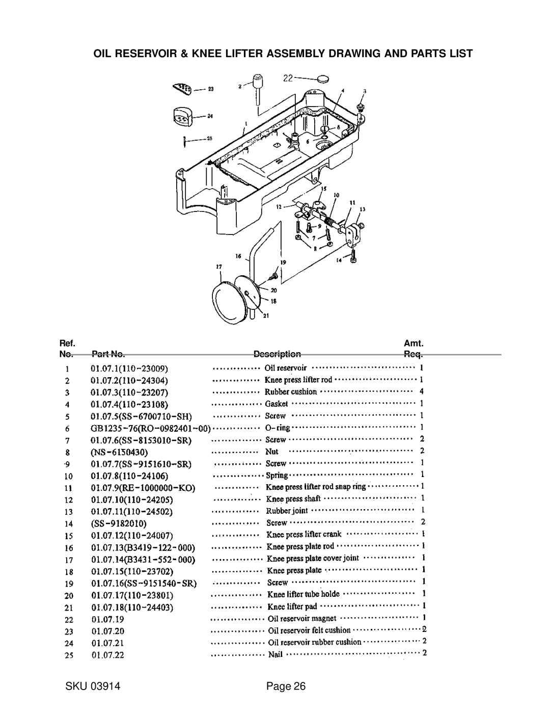 Harbor Freight Tools 03914 manual OIL Reservoir & Knee Lifter Assembly Drawing and Parts List 