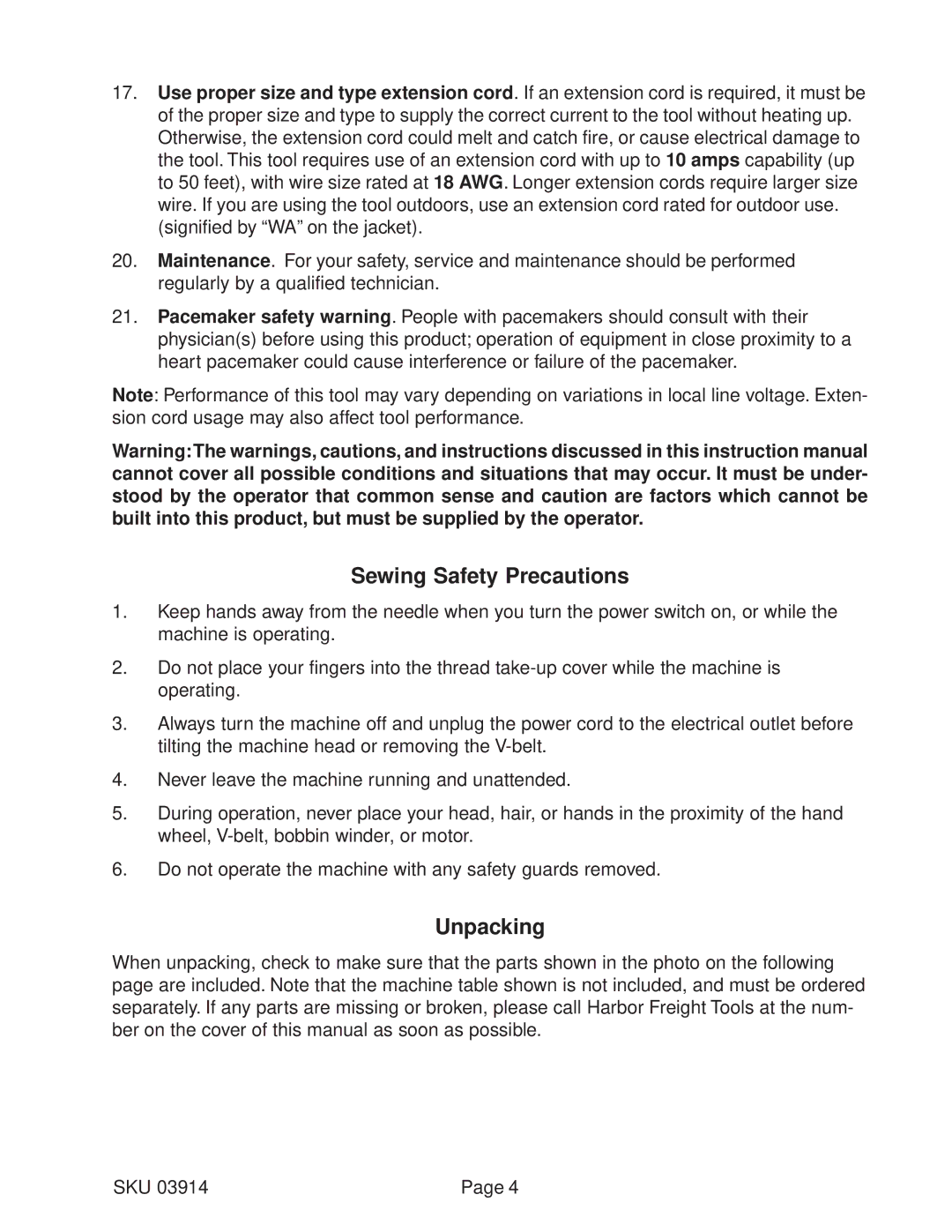 Harbor Freight Tools 03914 manual Sewing Safety Precautions, Unpacking 