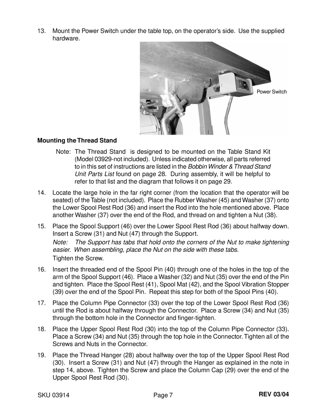 Harbor Freight Tools 03914 manual Mounting the Thread Stand, REV 03/04 