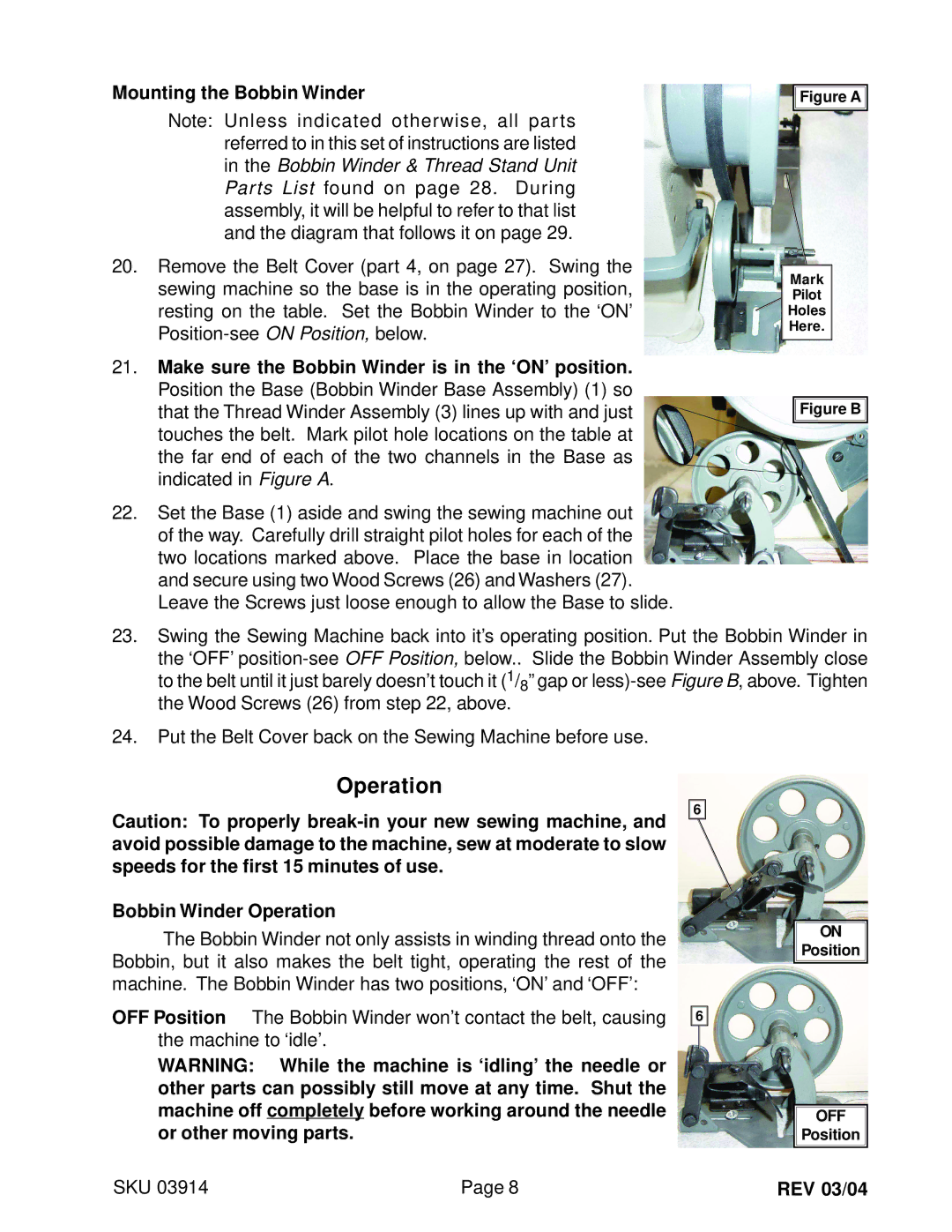 Harbor Freight Tools 03914 manual Mounting the Bobbin Winder, Bobbin Winder Operation 