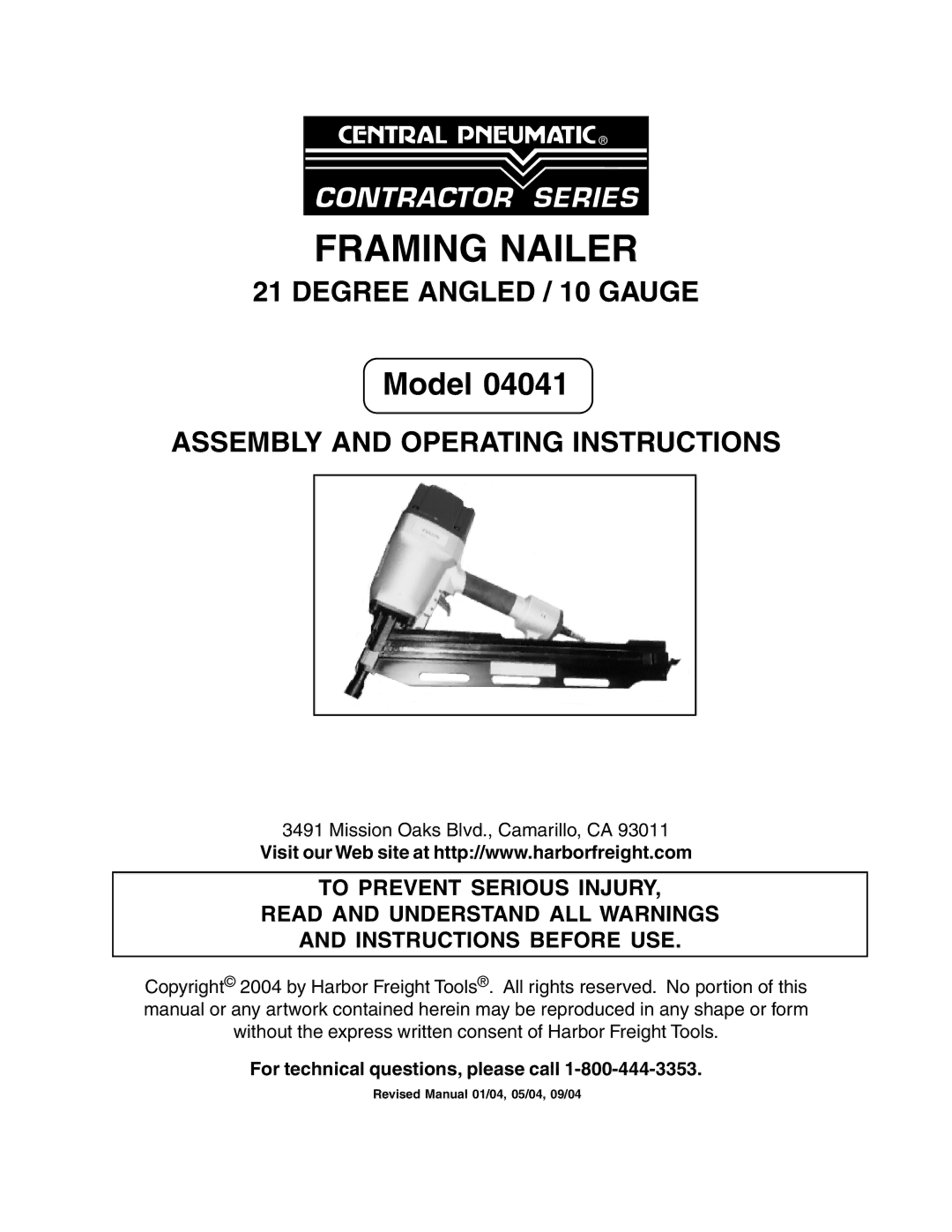 Harbor Freight Tools 04041 operating instructions Framing Nailer, For technical questions, please call 