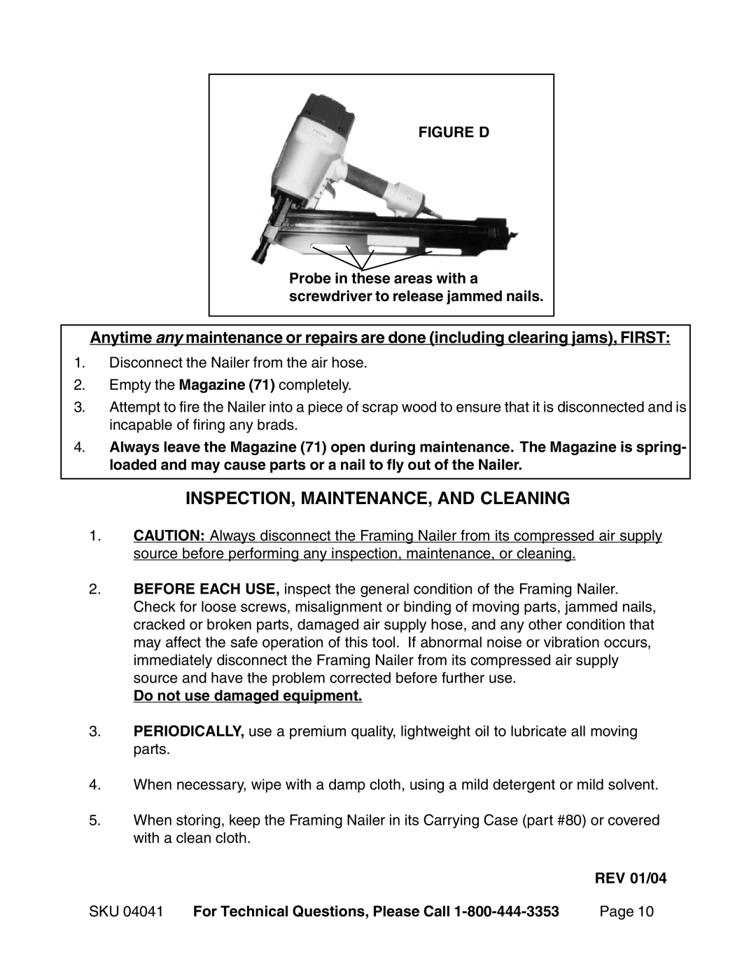 Harbor Freight Tools 04041 operating instructions INSPECTION, MAINTENANCE, and Cleaning, Do not use damaged equipment 