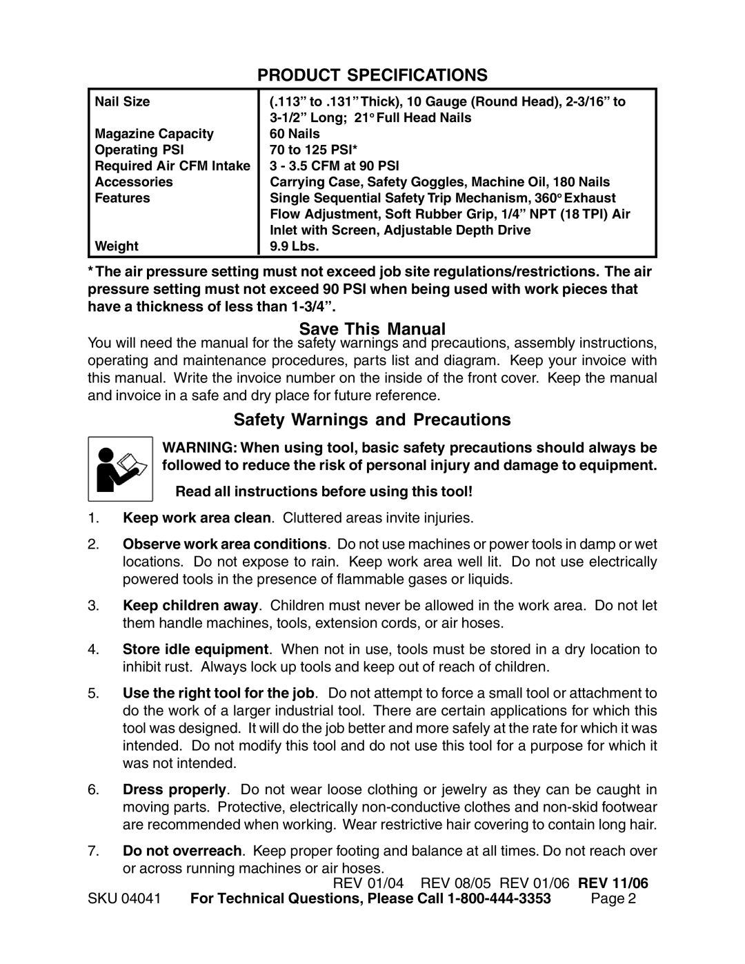 Harbor Freight Tools 04041 operating instructions Product Specifications, Save This Manual, Safety Warnings and Precautions 