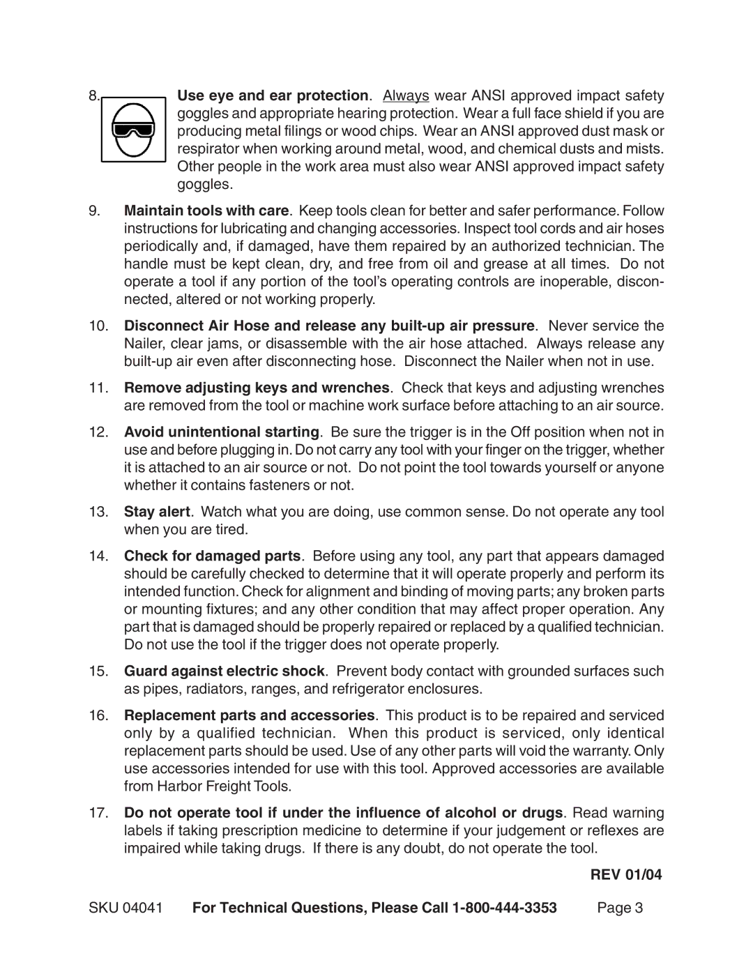 Harbor Freight Tools 04041 operating instructions REV 01/04 SKU For Technical Questions, Please Call 