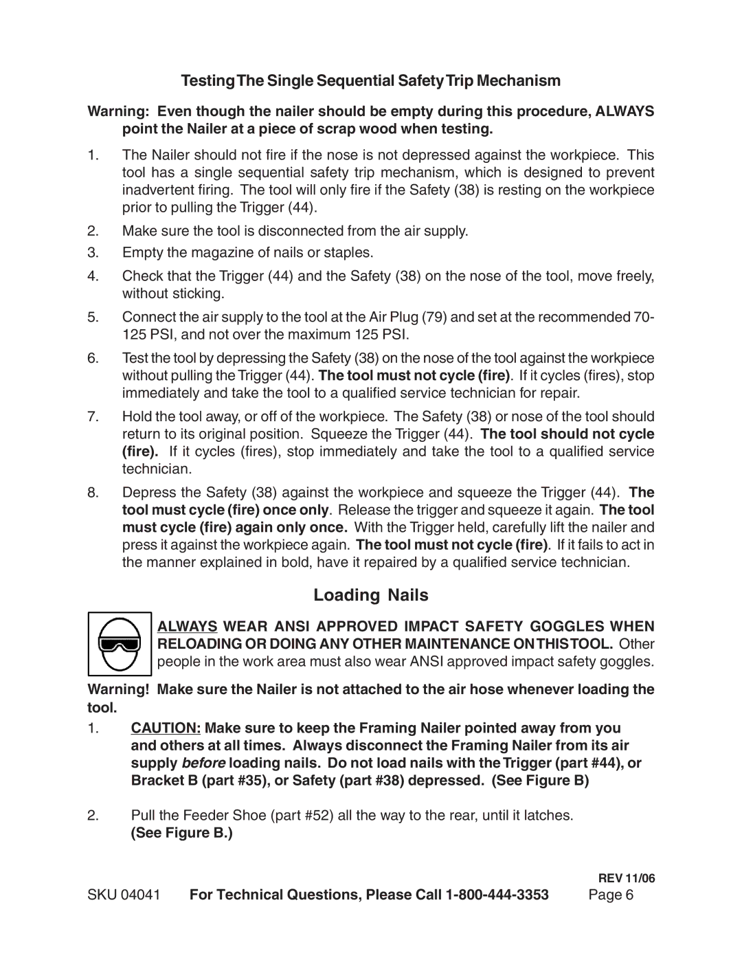 Harbor Freight Tools 04041 operating instructions Loading Nails, See Figure B 