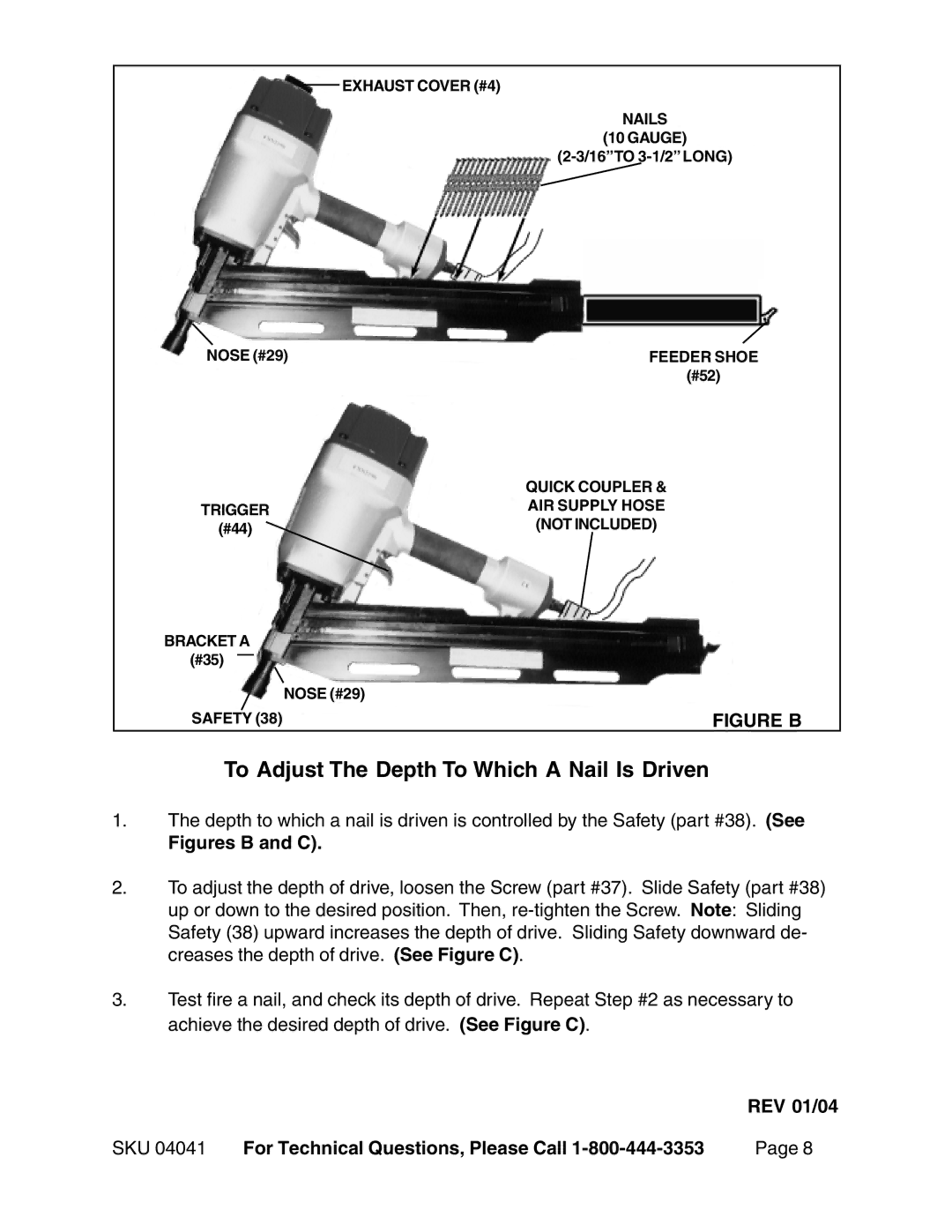 Harbor Freight Tools 04041 operating instructions To Adjust The Depth To Which a Nail Is Driven, Figures B and C 