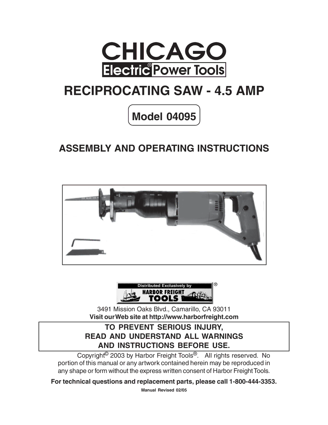 Harbor Freight Tools 04095 operating instructions Reciprocating SAW 4.5 AMP 