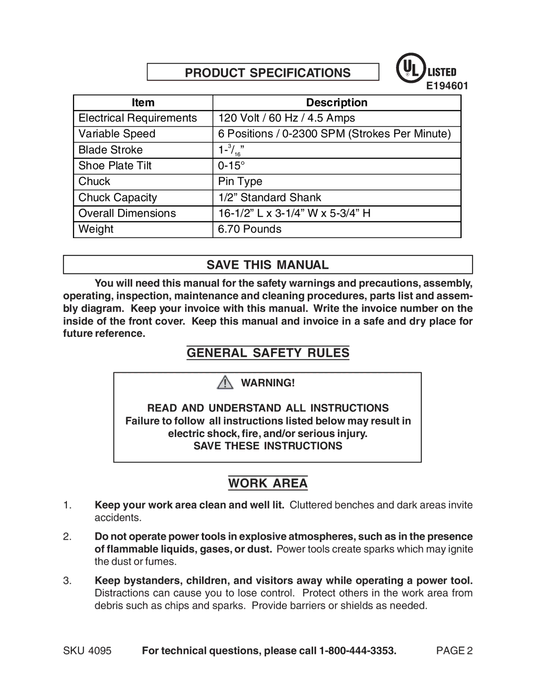 Harbor Freight Tools 04095 operating instructions Product Specifications, Save this Manual, General Safety Rules, Work Area 