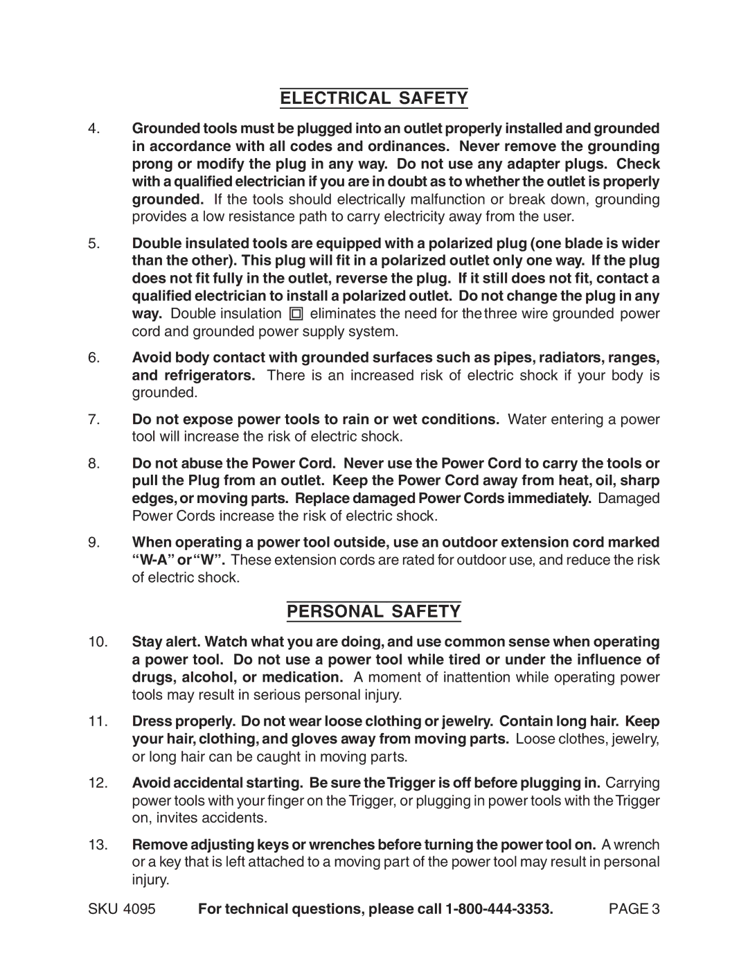 Harbor Freight Tools 04095 operating instructions Electrical Safety, Personal Safety 