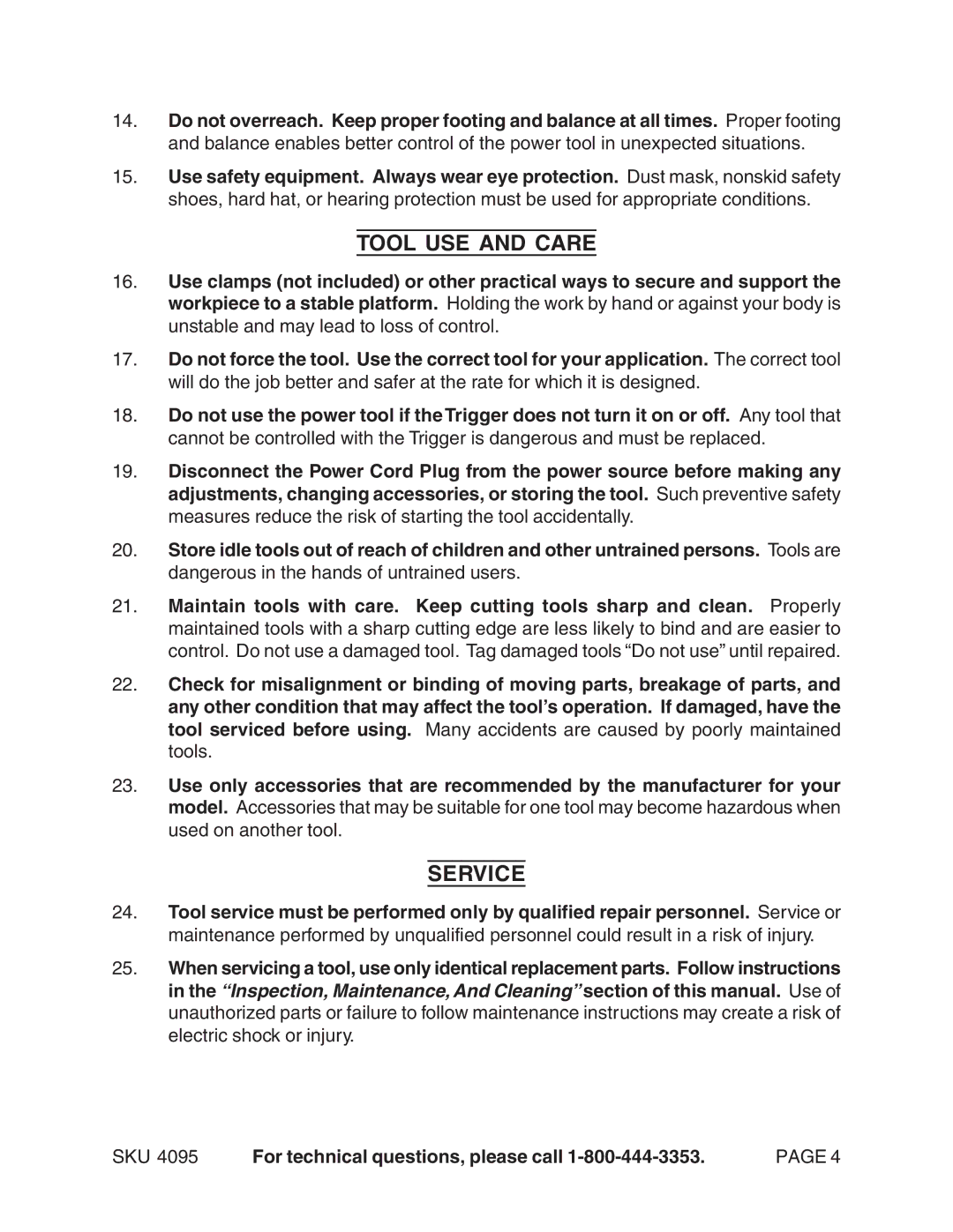 Harbor Freight Tools 04095 operating instructions Tool USE and Care, Service 