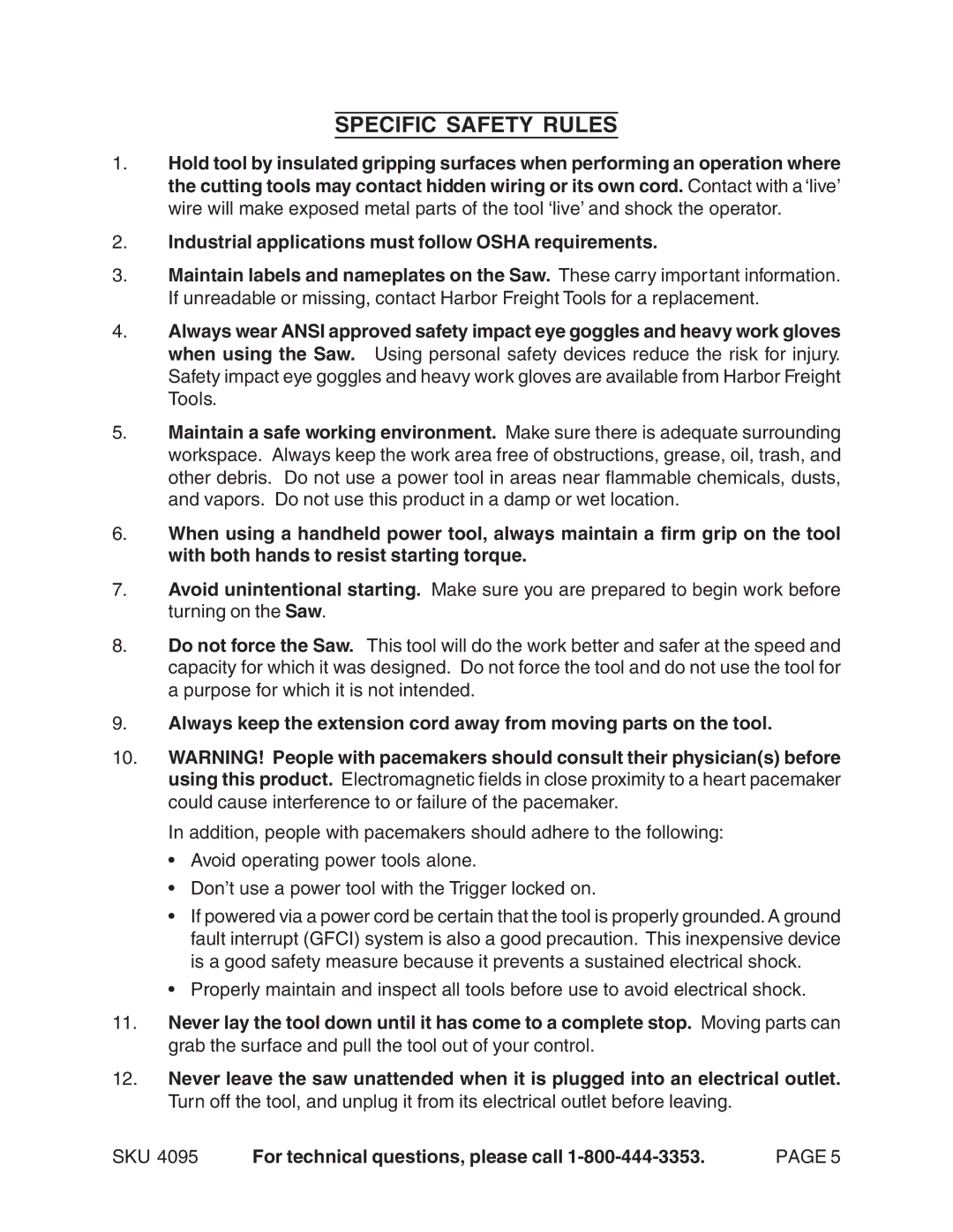 Harbor Freight Tools 04095 operating instructions Specific Safety Rules 