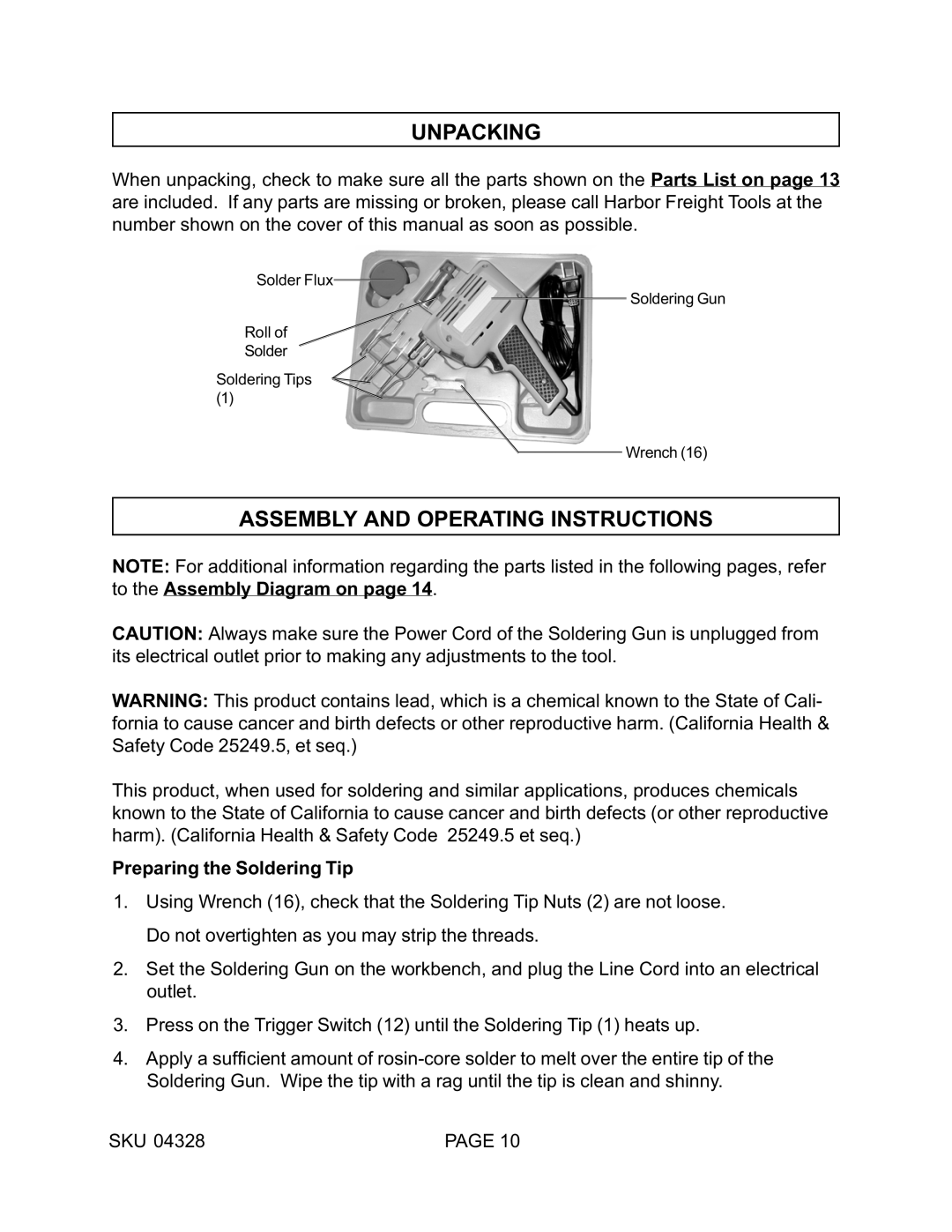 Harbor Freight Tools 04328 operating instructions Unpacking, Assembly and Operating Instructions 