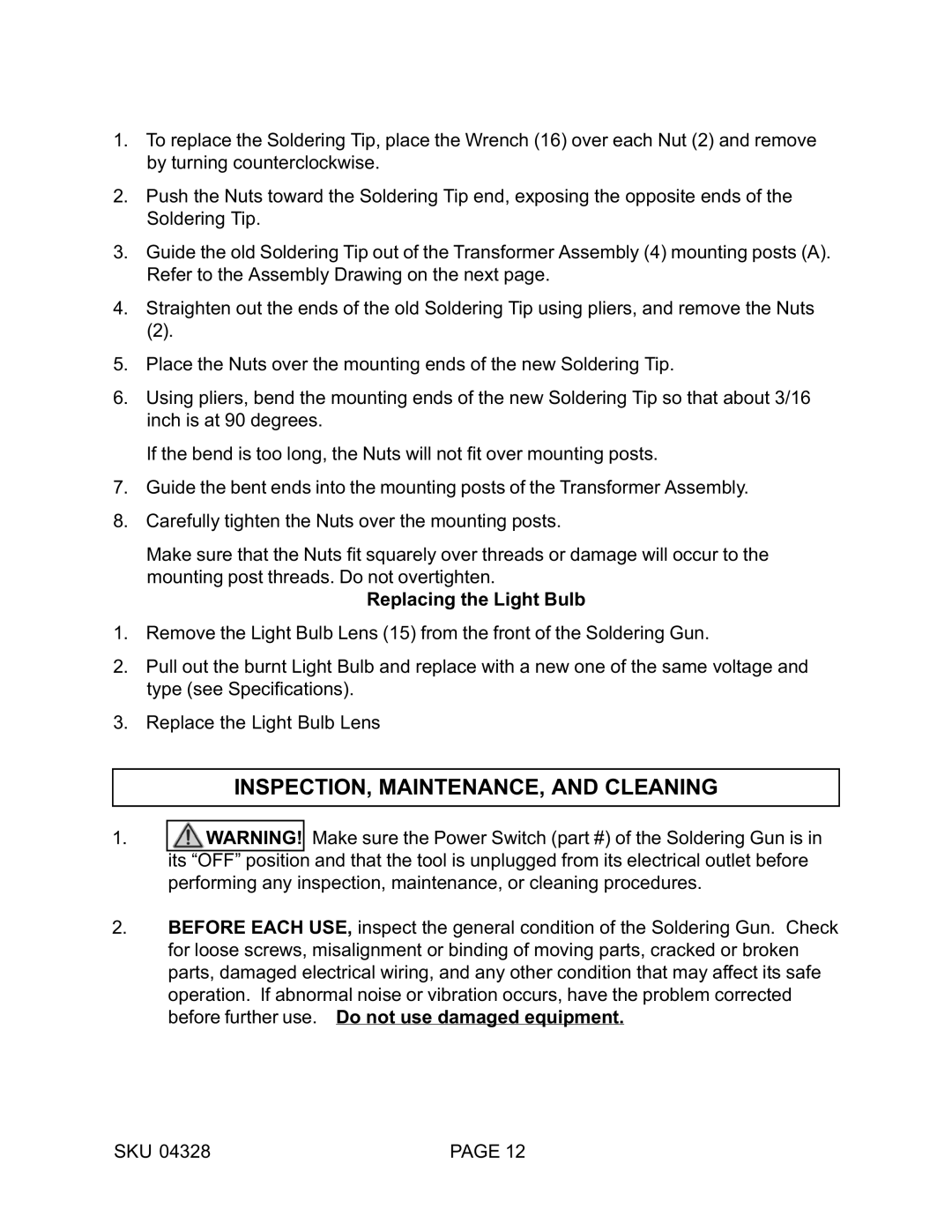 Harbor Freight Tools 04328 operating instructions INSPECTION, MAINTENANCE, and Cleaning 