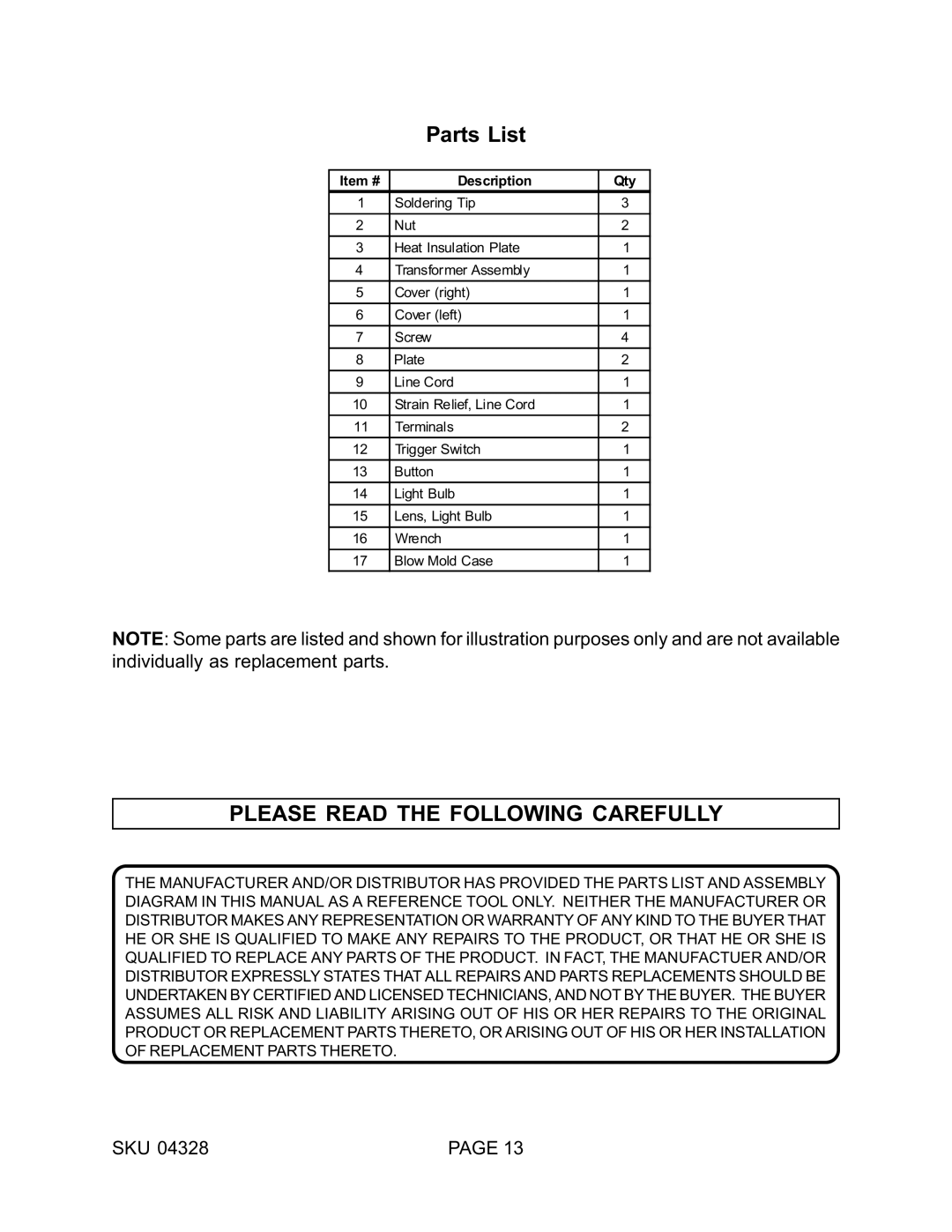 Harbor Freight Tools 04328 operating instructions Please Read the Following Carefully 