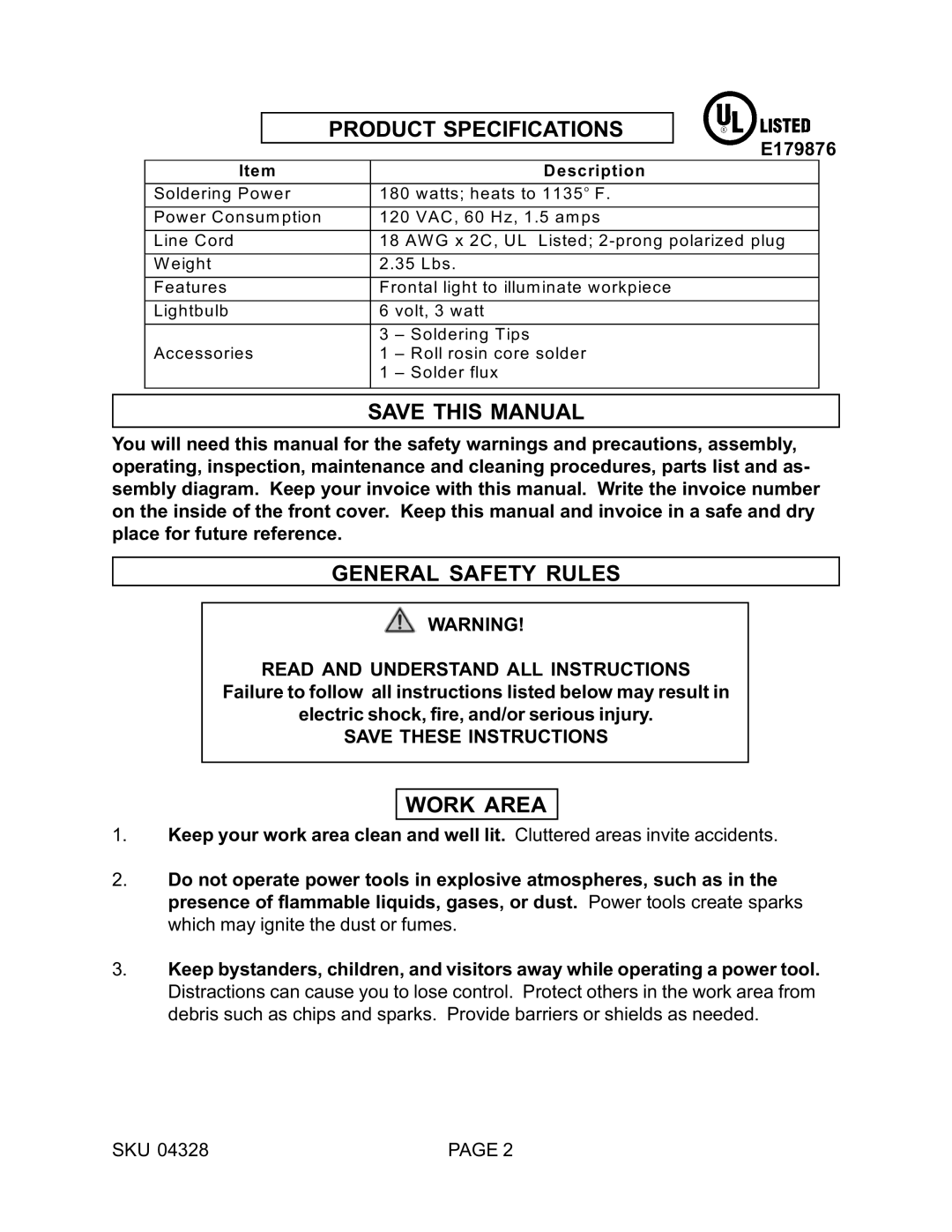 Harbor Freight Tools 04328 operating instructions Product Specifications, Save this Manual, General Safety Rules, Work Area 