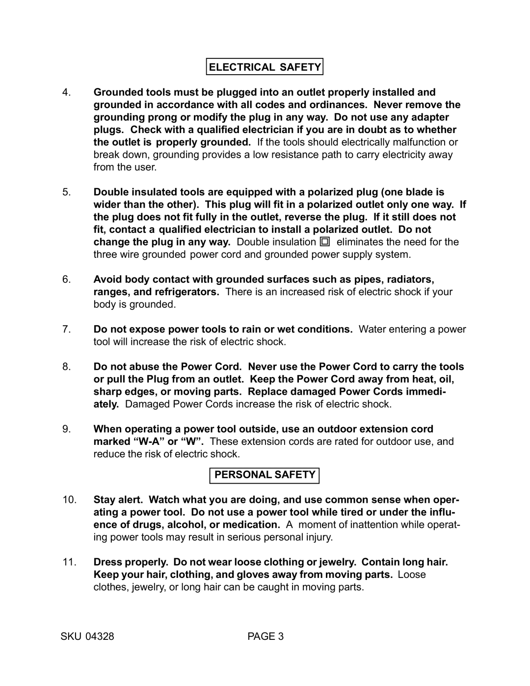 Harbor Freight Tools 04328 operating instructions Electrical Safety, Personal Safety 