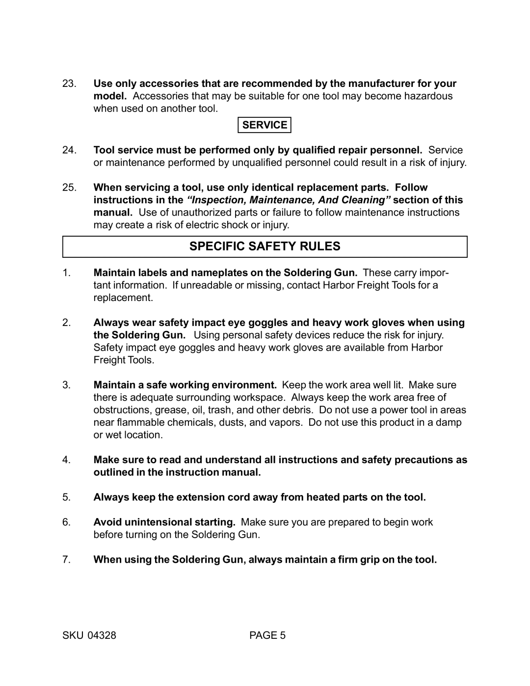 Harbor Freight Tools 04328 operating instructions Specific Safety Rules, Service 