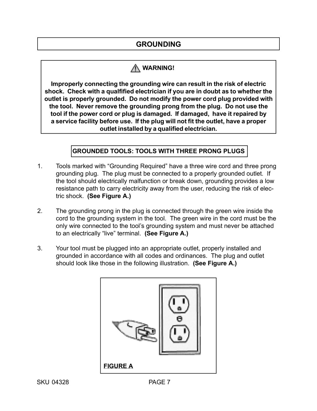 Harbor Freight Tools 04328 operating instructions Grounding, Grounded Tools Tools with Three Prong Plugs 