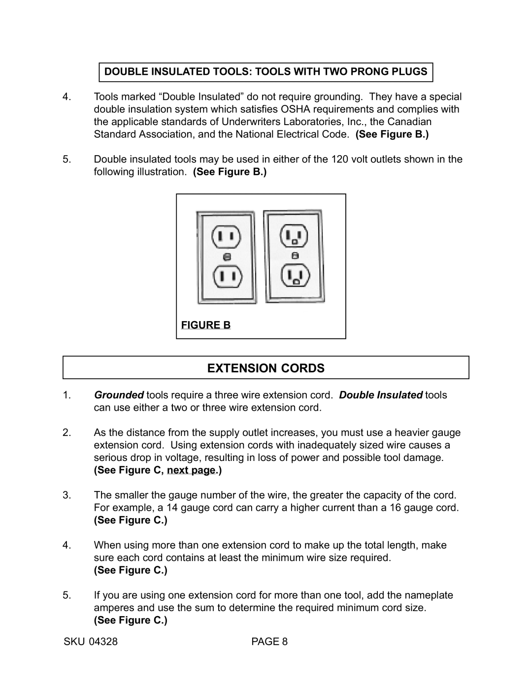 Harbor Freight Tools 04328 operating instructions Extension Cords, Double Insulated Tools Tools with TWO Prong Plugs 