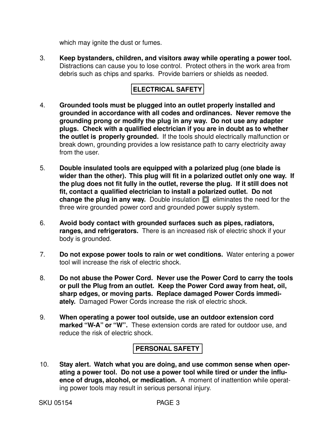 Harbor Freight Tools 05154 operating instructions Electrical Safety, Personal Safety 