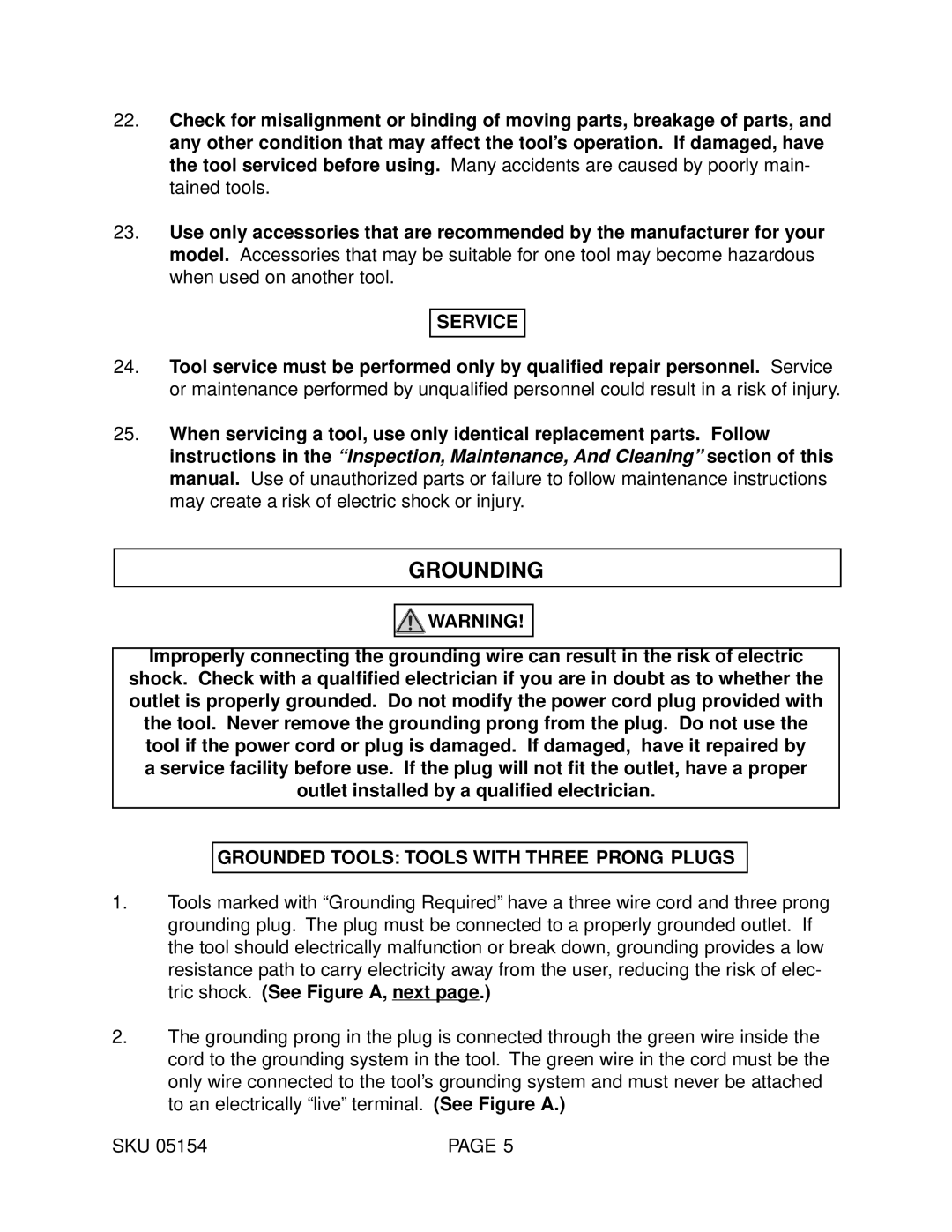 Harbor Freight Tools 05154 operating instructions Grounding, Service, Grounded Tools Tools with Three Prong Plugs 