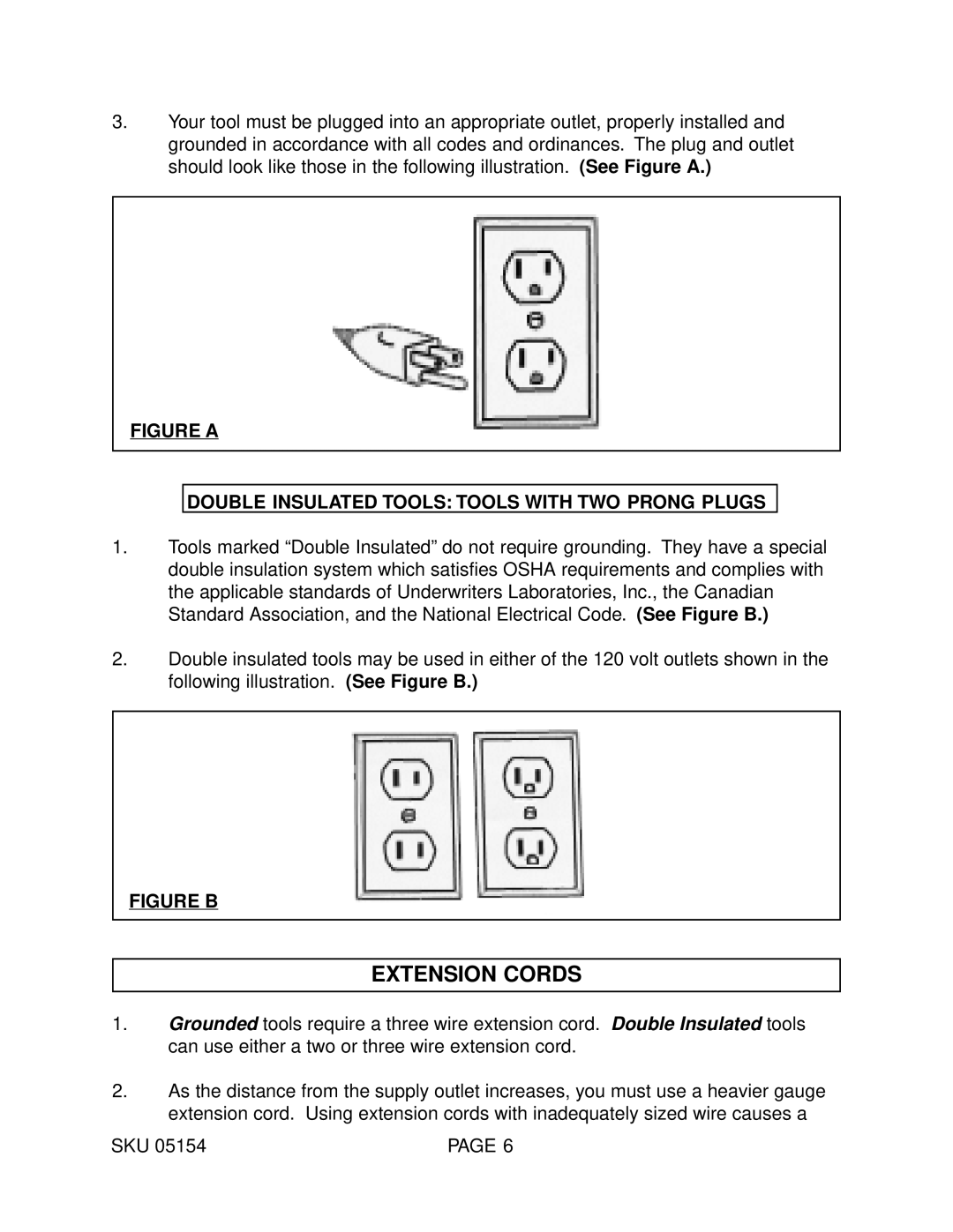 Harbor Freight Tools 05154 Extension Cords, Figure a Double Insulated Tools Tools with TWO Prong Plugs 