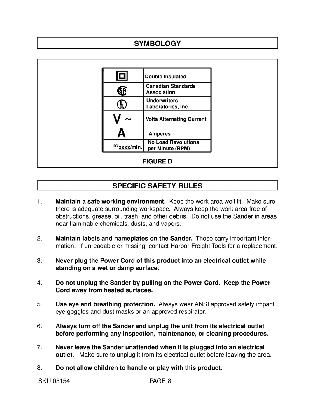 Harbor Freight Tools 05154 Symbology, Specific Safety Rules, Do not allow children to handle or play with this product 