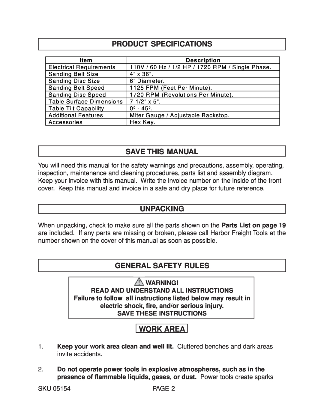 Harbor Freight Tools 05154 Product Specifications, Save This Manual, Unpacking, General Safety Rules, Work Area 