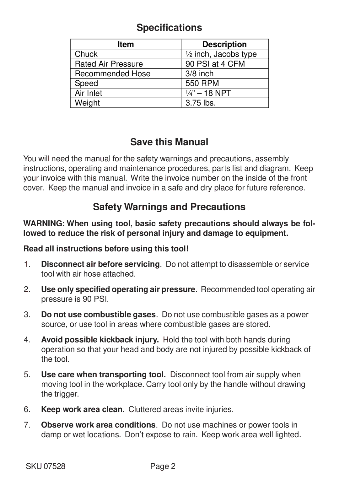 Harbor Freight Tools 07528 Specifications, Save this Manual, Safety Warnings and Precautions, Description 