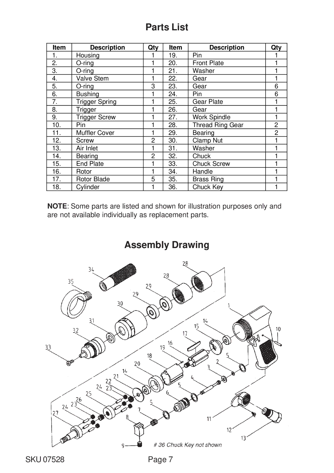 Harbor Freight Tools 07528 operating instructions Parts List, Assembly Drawing 