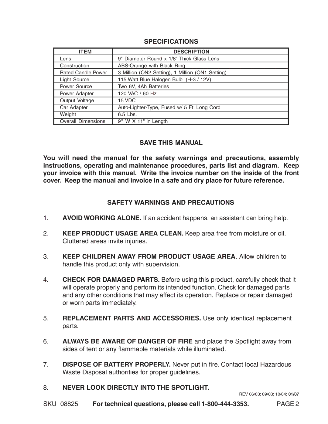 Harbor Freight Tools 08825 manual Specifications, Save this Manual, Safety Warnings and Precautions 