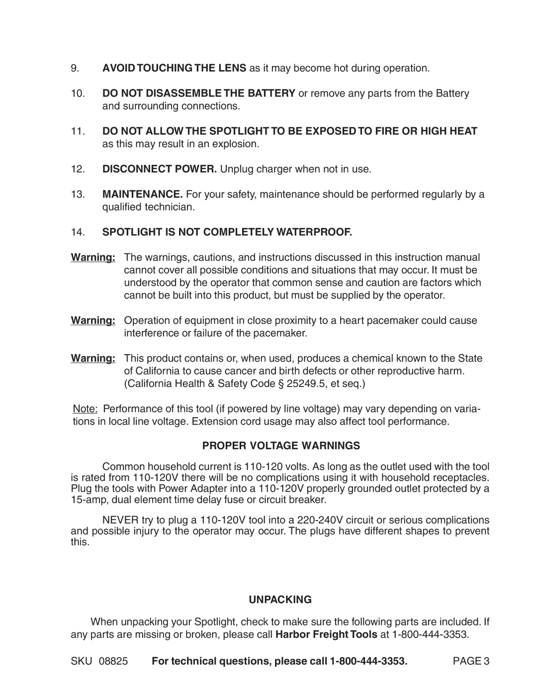 Harbor Freight Tools 08825 manual Spotlight is not Completely Waterproof, Proper Voltage Warnings, Unpacking 