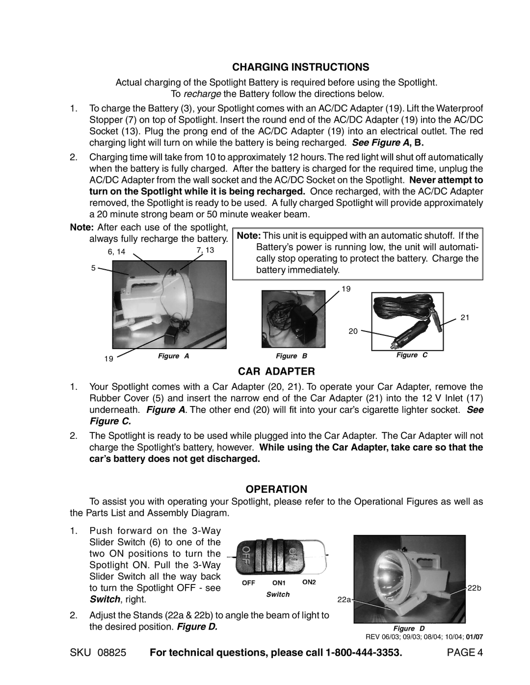 Harbor Freight Tools 08825 manual Charging Instructions, CAR Adapter, Operation 