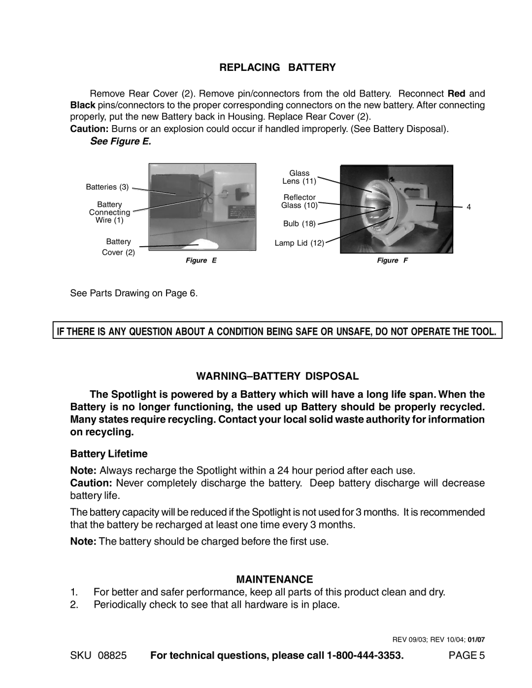 Harbor Freight Tools 08825 manual Replacing Battery, Maintenance 