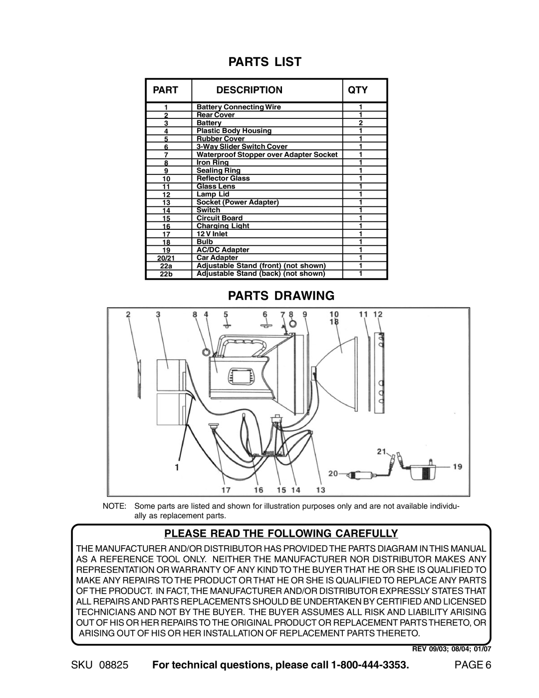 Harbor Freight Tools 08825 manual Parts List, Please Read the Following Carefully 