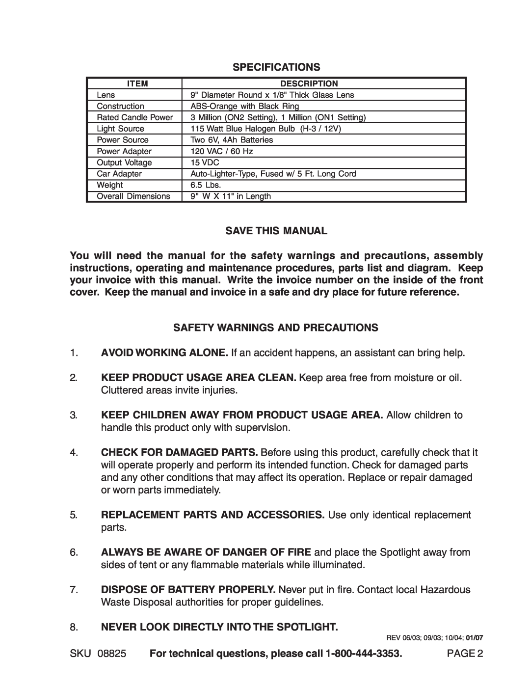 Harbor Freight Tools 08825 manual Specifications, Save This Manual, Safety Warnings And Precautions 