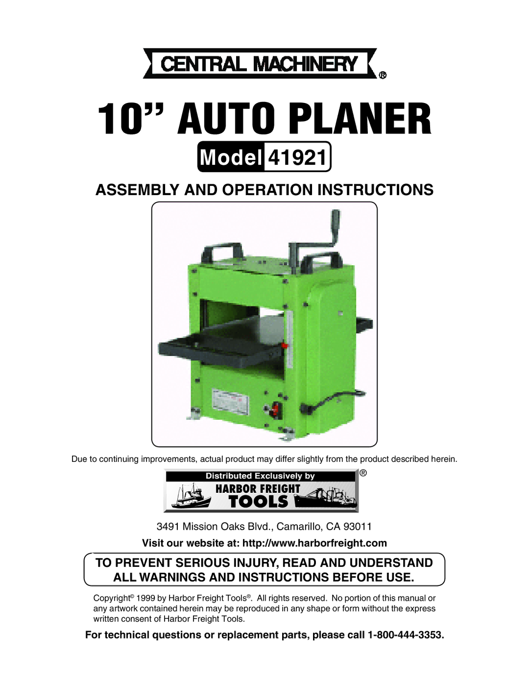 Harbor Freight Tools 41921, 10" Auto Planer manual 