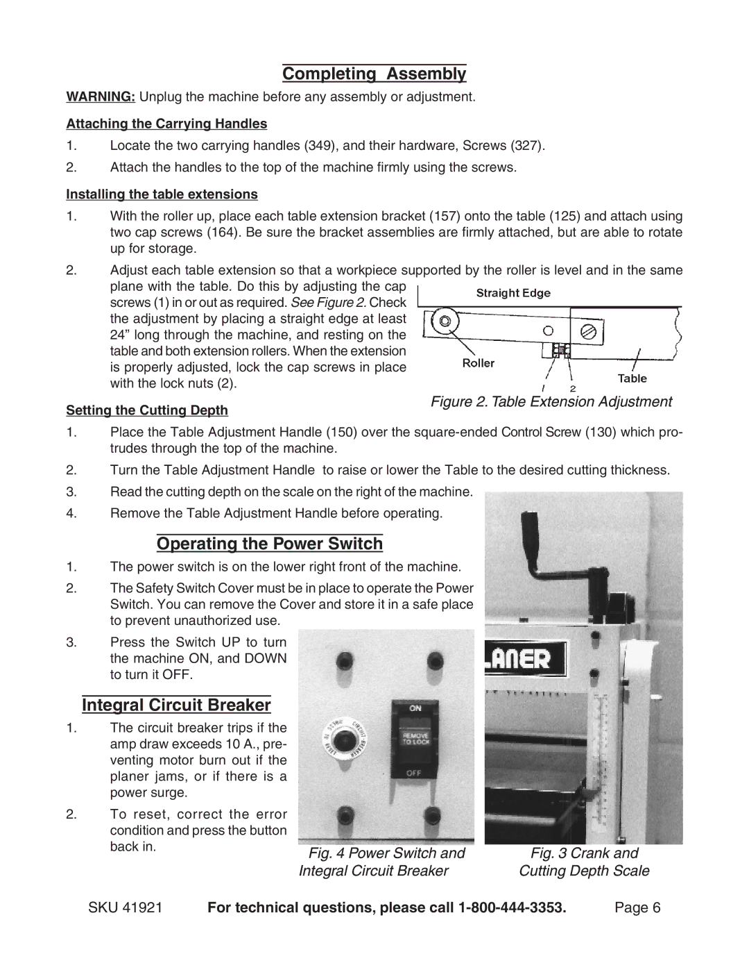 Harbor Freight Tools 10" Auto Planer, 41921 manual Completing Assembly, Operating the Power Switch, Integral Circuit Breaker 