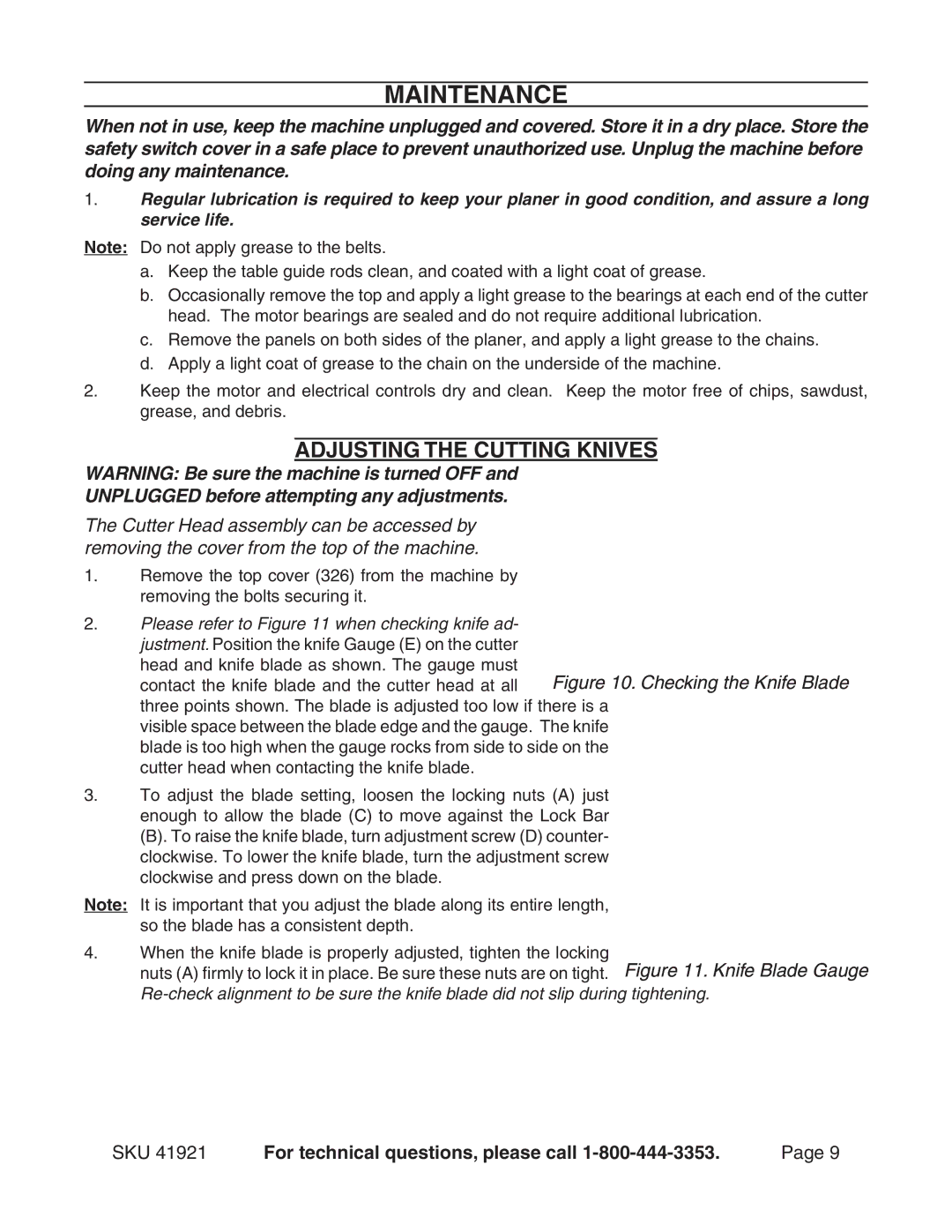 Harbor Freight Tools 41921 manual Maintenance, Adjusting the Cutting Knives, Unplugged before attempting any adjustments 