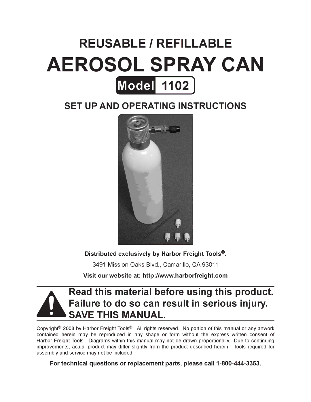 Harbor Freight Tools 1102 operating instructions Aerosol Spray can, Save this Manual 