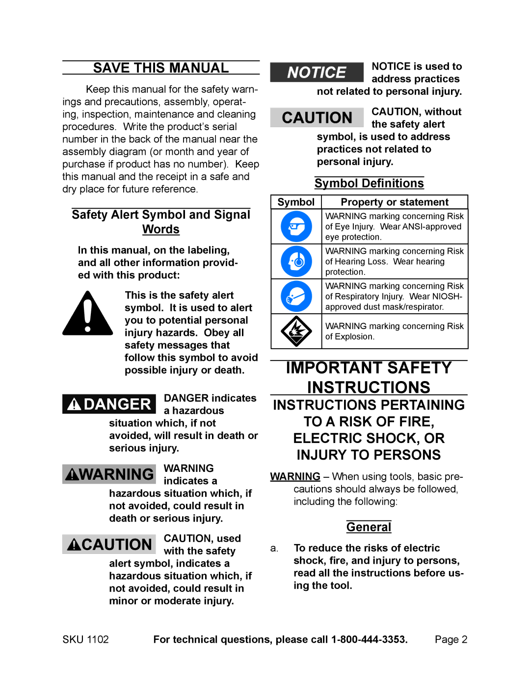 Harbor Freight Tools 1102 Important Safety Instructions, Save this Manual, Safety Alert Symbol and Signal Words, General 