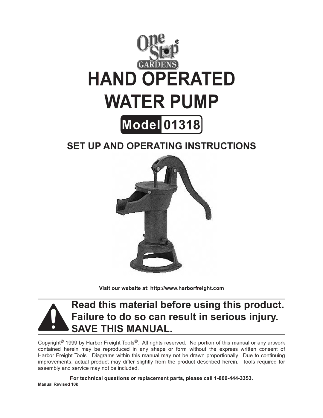 Harbor Freight Tools 1318 operating instructions Hand Operated Water Pump 