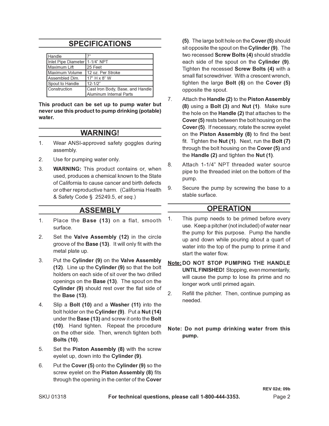 Harbor Freight Tools 1318 operating instructions Specifications, Operation, Attach the Handle 2 to the Piston Assembly 